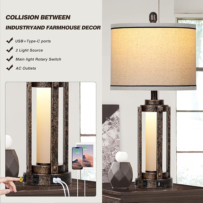 Farmhouse Lamps with USB A+C Charging Ports & AC Outlet, Rustic Vintage Industrial Table Lamps Metal Lamp with Glass LED Night Light & Beige Fabric Shade for Living Room Bedrooms Nightstand Bronze