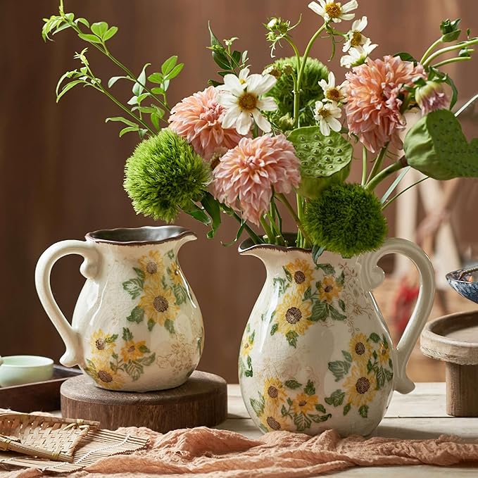 Levvohd Vintage Vase with Handle, 7.6 Inch Ceramic Pitcher Sunflower Floral Vase, Rustic Farmhouse Vases for Grandma Core Home Decor, Bookshelf Office Tuscan Decor (Large)
