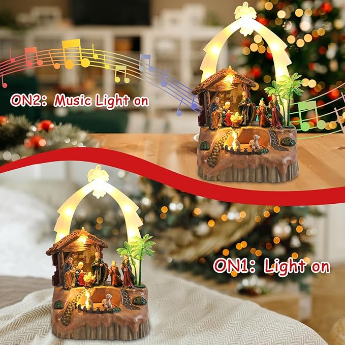 VCUTEKA Christmas Village Houses, Nativity Scene with Crystal Angel and Rotating Sheep Lighted Musical Christmas Village Collectible Building for Xmas Indoor Decorations or Holiday Table Displays