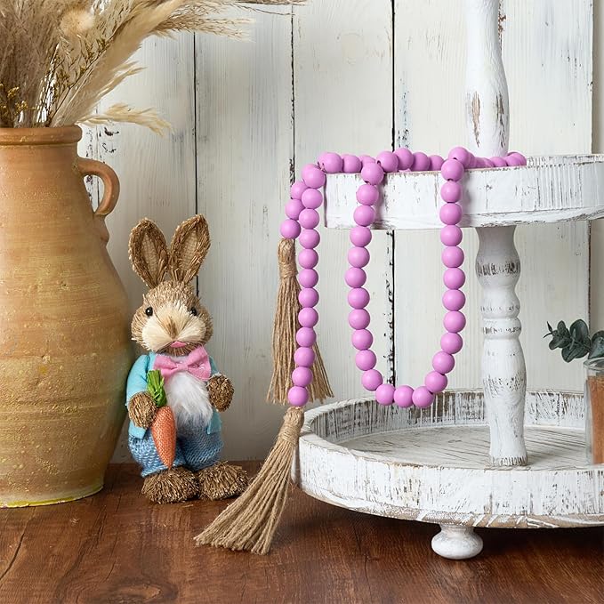 OMISHE 59in Wood Bead Garland with Tassels, Decorative Beads Decor, Farmhouse Wooden Beads Garland for Wall Hanging Home Festival Decor, Purple