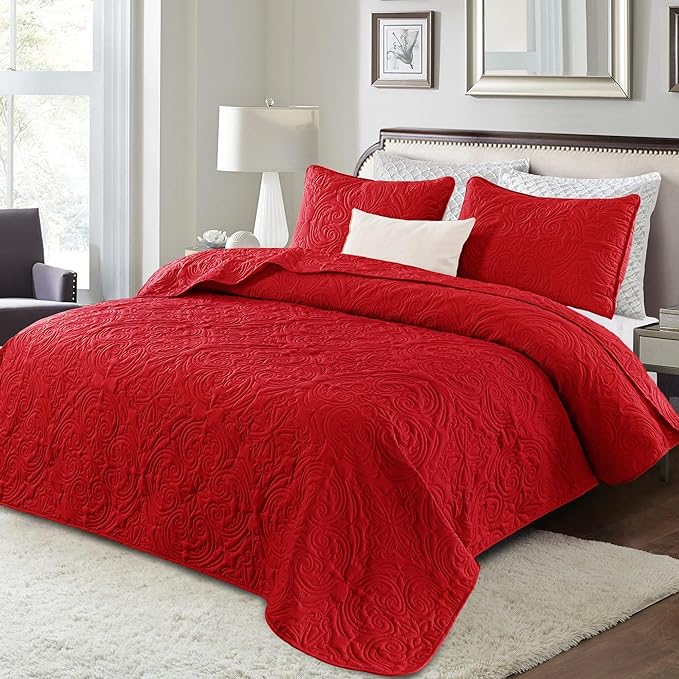 Exclusivo Mezcla Quilts King Size Bedspread with 2 Pillow Shams, Lightweight Red King Quilt Bedding Set with Vintage Damask Pattern, Soft Bedspreads Coverlets for All Seasons