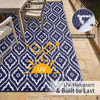 OLANLY Outdoor Rug 9x12 ft Waterproof, Outdoor Plastic Straw Rug with Geometric Pattern Clearance, Reversible RV Mat for Patio, Camping, Balcony, Deck, Backyard, Navy & White