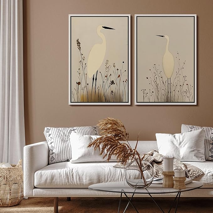 SIGNFORD Framed Canvas Print Wall Art Set Minimalist Heron Art Simplified Shapes in Neutral Tones Illustration Modern Art Decorative Nordic Nature for Living Room, Bedroom, Office - 16"x24"x2 White