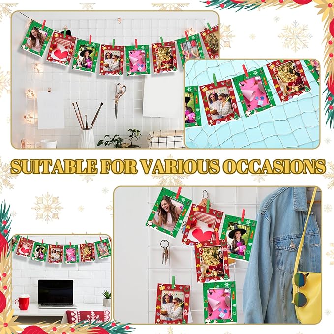 Janlaugh 100 Pcs Christmas Paper Photo Frames 4x6 Red and Green Paper Picture Frame with 100 Clip 10 String Kit DIY Hanging Cardboard Photo Holder Christmas Wall Decor Wedding Home