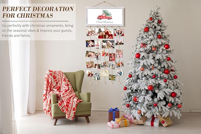 Christmas Card Holder Display Wall Hanging Collage Picture Frames Interchangeable Holiday Decor Clips Photo Holders Merry Christmas Sign Wooden Photo Holder for Gift Card Holder Xmas Party Decor