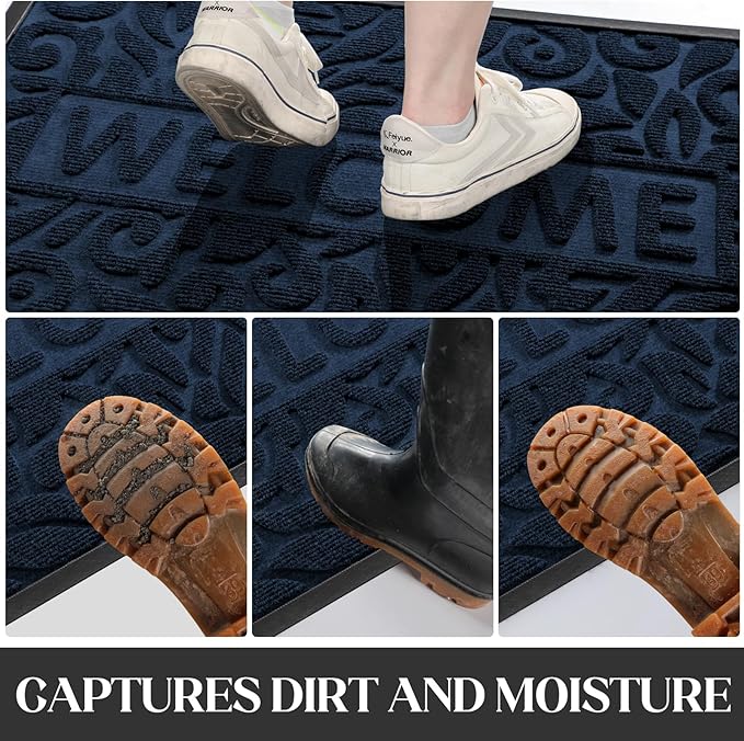 Yimobra Welcome Front Door Mat Outdoor, Heavy Duty Sturdy Non Slip Doormats, Rubber Backing, Low-Profile Entrance Rugs, Absorbent Resist Dirt, Easy Clean Patio Garage Floor Mats, 47X24 Inch, Blue