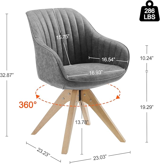 Art Leon Office Chair No Wheels, Mid Century Modern Desk Chair, Swivel Accent Chair with Oak Wood Legs, Faux Leather Upholstered Armchair for Desk, Gray