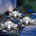 LEWIS&WAYNE Solar Garden Lights Outdoor, 3 Pcs Silver Gray Lotus Flower Pathway Lamps with Cool White Crackle Glass Globe Led Lights for Patio Pathway Yard Balcony Garden Decorations