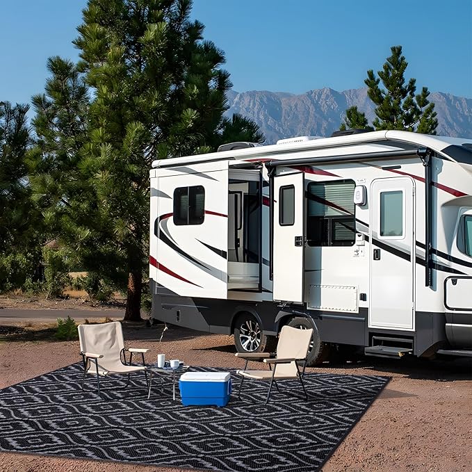 OLANLY Outdoor Rug 6x9 ft Waterproof, Outdoor Plastic Straw Rug with Geometric Pattern Clearance, Reversible RV Mat for Patio, Camping, Balcony, Deck, Backyard, Black & Grey