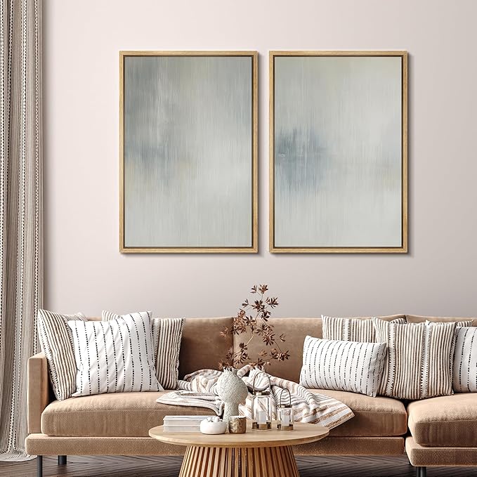 SIGNFORD Framed Canvas Print Wall Art Set Soft Gray and Blue Abstract Neutral Illustration Modern Art Decorative Nordic Nature for Living Room, Bedroom, Office - 16"x24"x2 Natural