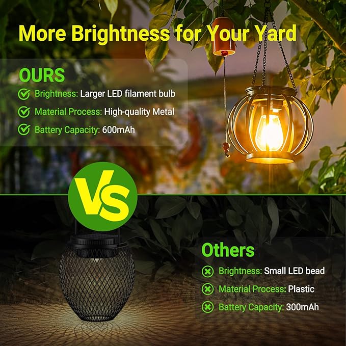 KOOPER Solar Lanterns Outdoor Waterproof, Upgraded Metal Hanging Solar Lights Outdoor Lanterns, Brighter Auto On/Off Outdoor Hanging Lantern for Yard Patio Pathway Porch Garden Decor 2 Pack