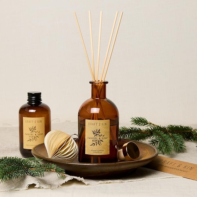 Craft & Kin Lily & Jasmine Diffuser Reed Diffuser | All Natural Essential Oil & 8 Rattan Scent Sticks | Reed Diffusers for Home, Bathroom | Long Lasting Home Fragrance in Amber Glass, 5.75oz