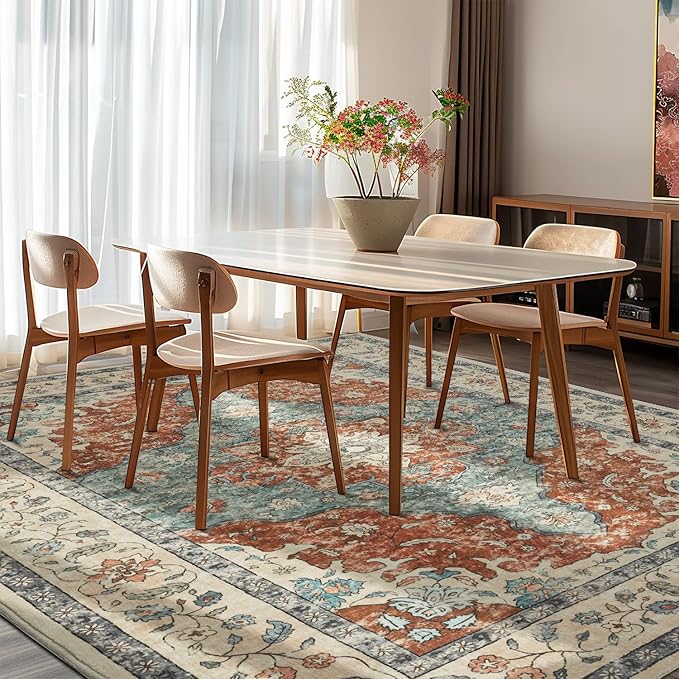 Topllen Washable Area Rug - 5'x7' Boho Living Room Rug, Non-Slip Soft Rugs Indoor for Bedroom Dining Room Office, Vintage Throw Large Carpet Stain Resistance (Rust, 5x7ft)