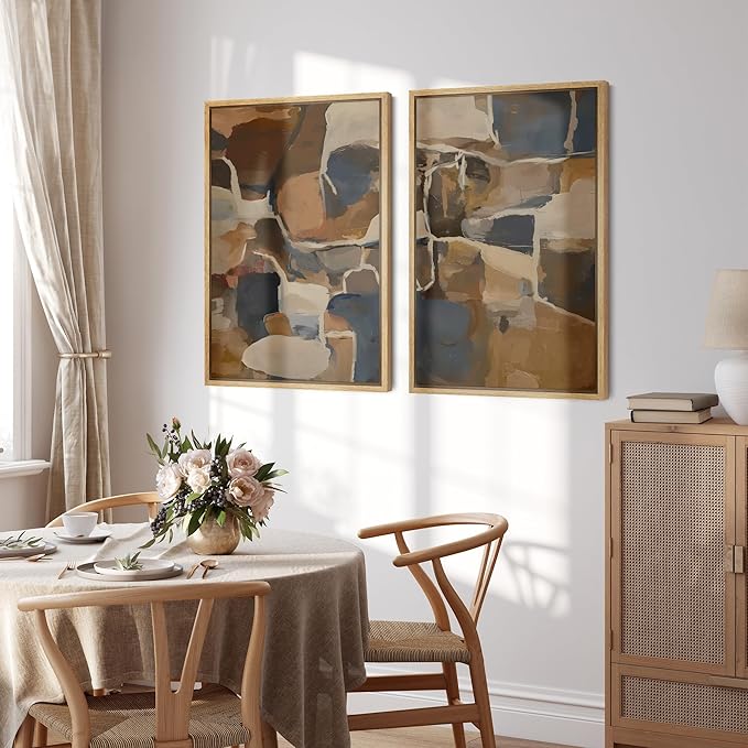 SIGNFORD Framed Canvas Print Wall Art Set Earthy Tones Abstract Layers Modern Brown and Blue Color Block Illustrations Modern Art Decorative for Living Room, Bedroom, Office - 16"x24"x2 Natural