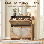 Nicetree Freestanding Ultra Slim Fluted Accent Shoe Storage Cabinet for Entryway - 2 Flip Drawers & 3-Tier Adjustable Shelves, Farmhouse Modern Rustic Shoe Rack for Hallway, Foyer