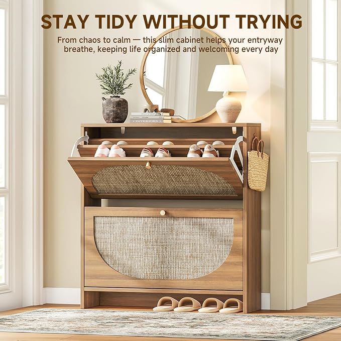 Nicetree Freestanding Ultra Slim Fluted Accent Shoe Storage Cabinet for Entryway - 2 Flip Drawers & 3-Tier Adjustable Shelves, Farmhouse Modern Rustic Shoe Rack for Hallway, Foyer