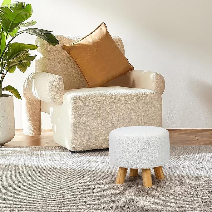 Asense Small Round Ottoman Foot Rest Stool Teddy Velvet Padded Seat Footstool Ottoman with Anti-Slip Wooden Legs (White,Teddy Velvet)