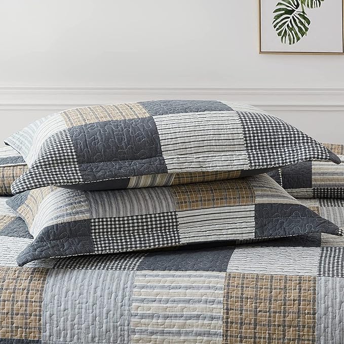 PANGUSHAN Twin Size Quilt Set,100% Cotton Quilt,Patchwork Plaid Quilt Bedding Set Bedspreads,Gray(Grey)/Black/Tan/White/Cream Quilt for Twin Bed,Reversible Lightweight Comforter Bed Set,2 Pieces