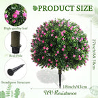 Yunlly Set of 2 Artificial Boxwood Topiary Ball Tree Fake Bushes Shrubs Outdoor Faux Plant with Ground Spike Flowers UV Resistance Greenery for Front Porch Garden Patio Indoor(Pink,27x18inch)