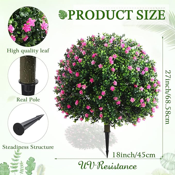Yunlly Set of 2 Artificial Boxwood Topiary Ball Tree Fake Bushes Shrubs Outdoor Faux Plant with Ground Spike Flowers UV Resistance Greenery for Front Porch Garden Patio Indoor(Pink,27x18inch)