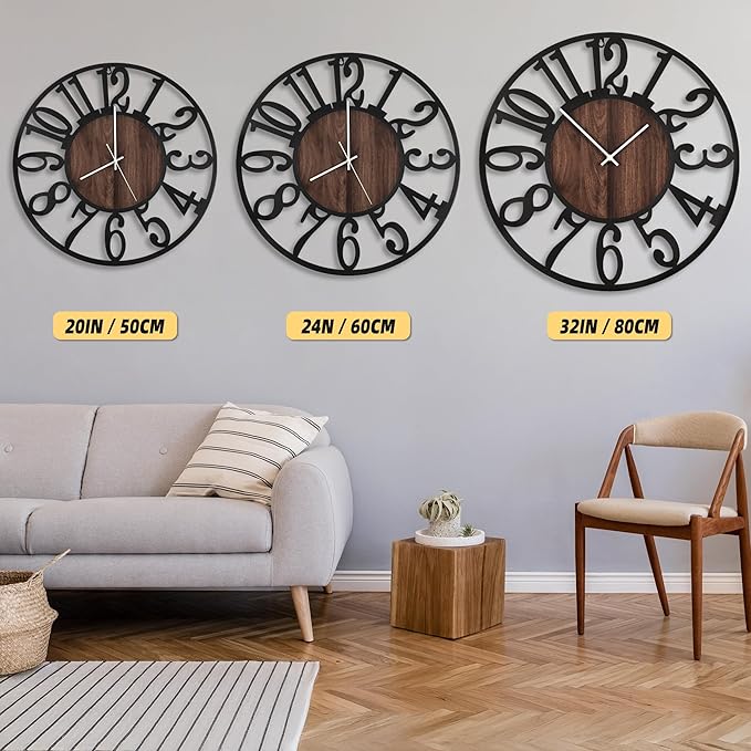 LEIKE Large Wall Clocks with Night Light Battery Operated,Silent Non Ticking,Rustic Modern Big Wood Clock for Living Room, Bedroom,Kitchen,Farmhouse,Office,Home Decor-24 Inch(Black-Arabic Number)