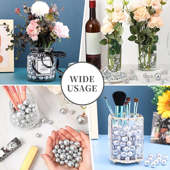 100PCS Silver Grey Faux Pearls Beads for Centerpiece Vases, Vase Filler Faux Pearls, No Holes Filler Beads for Party Anniversary Birthday Wedding Table Decor, 14/20/30mm