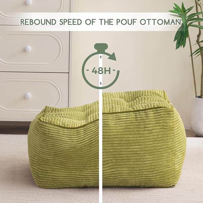 HIGOGOGO Square Stuffed Pouf Ottoman, Corduroy Poufs with Foam Chunk Filling, Furry and Fluffy Pouf Foot Stool Storage Ottoman, 25.6 X 25.6 Floor Poufs Foot Rest for Living Room, Green