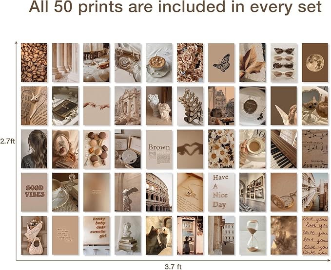 Y2K BOO Beige Brown Aesthetic Wall Collage Kit – 50 Modern & Vintage Photos, 4"x6" Semi-Gloss Prints for Teen Girls Dorm Room Decor, Cozy & Warm Everyday Moments, Gift for Birthday & Graduation