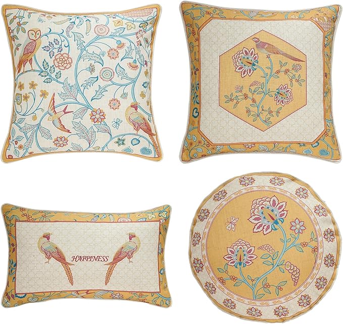 patdrea Design Yellow Linen Throw Pillow Covers Pack of 4, French Square Lumbar Round Pillowcase, Soft Durable Cushion Cases Pillowcase for Couch Bedroom Car Living Room 4 PCS
