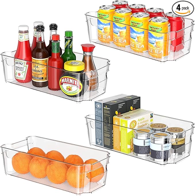 Clear Fridge Organizer, Refrigerator Organizer Bins with Handle, Freezer, Kitchen Cabinet, Pantry Organization, BPA Free Fridge Organizers (12.4 inch 4 Pack)