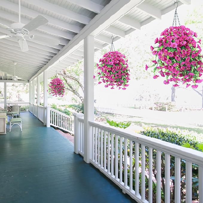 Ivydale 2 PCS Artificial Hanging Flowers Fake Plants Outdoor,Silk Morning Glory Faux Flowers with Eucalyptus Leaves,UV Resistant Realistic Hanging Petunias Plants for Home Garden Decor (Fuchsia)