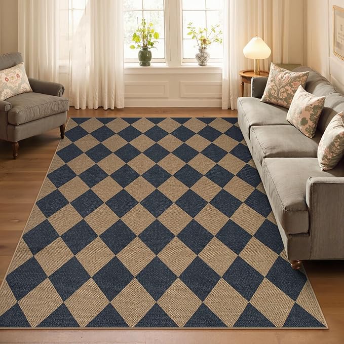 Lahome Checkered Easy Jute Washable Rug, 5x7 Area Rugs for Living Room Nature Large Dining Room Carpet, Farmhouse Geometric Non Slip Indoor Outdoor Carpet for Home Office Bedroom Backyard Patio