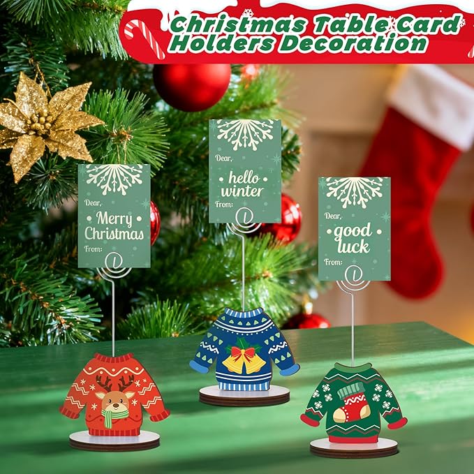24 Pcs Ugly Sweater Christmas Table Place Card Holders Stand Display, Wooden Christmas Table Card Holders with Swirl Wire Memo Name Number Photo Sign Clip Holder for Christmas Party Table Decorations