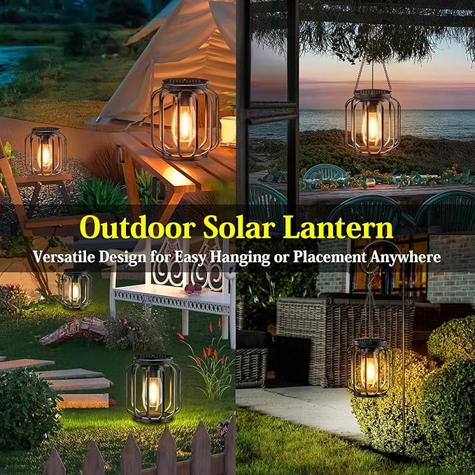 Solar Hanging Lanterns Outdoor: 2 Pack Metal Solar Hanging Lights with Hook, Bright - Warm Waterproof LED Lanterns for Outside, Classic Decorative Solar-Powered Light for Yard Garden Patio Porch Decor