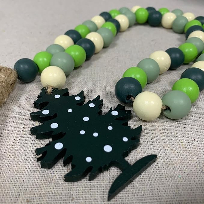 40" Handmade Farmhouse Bead Garland Wood with Tassel, Boho Chic Decorative String Beads Home Decor, Table Tiered Tray Country Wooden Accents (Christmas Evergreen Cheer, 0.63" Diameter)