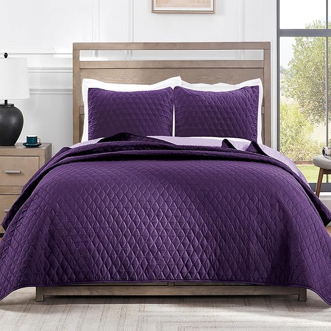Exclusivo Mezcla Reversible California King Size Quilt Bedding Set with Pillow Shams, Lightweight Quilts Cal King Size, Soft Bedspreads Bed Coverlets for All Seasons - (Deep Purple, 112"x104")