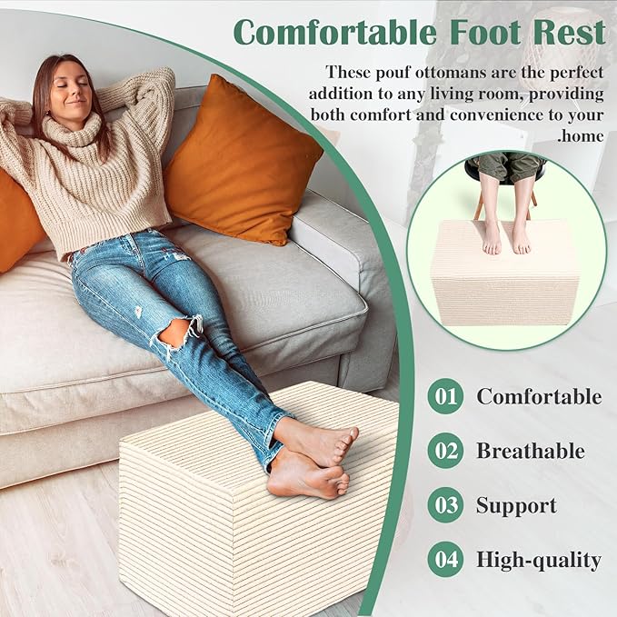 Rectangular Stuffed Pouf Ottoman with Foam Chunk Filling, Coral Fleece and Furry Fabric Design, Multi-Functional Floor Pouf for Living Room, Beige