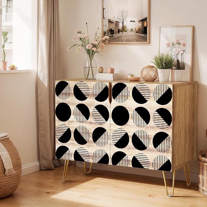 SIGNWIN Sideboard Buffet Cabinet, Kitchen Storage Cabinet with 2 Doors, Geometric Circle Duotone Patterns, Cupboard Console Table for Dining Room - 35" L x 18" W x 29" H