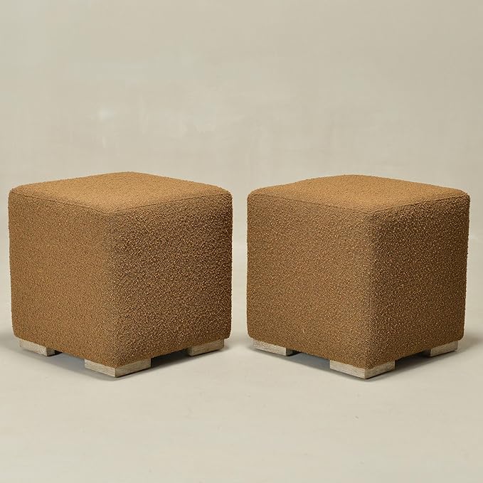 KINWELL 18.5" Wide Modern Square Boucle Upholstered Ottoman with Solid Wood Legs Set of 2, Cube Ottoman Multi-Functional Sofa Footrest, Extra Seating for Living Room, Bedroom, Fully Assembled (Brown)