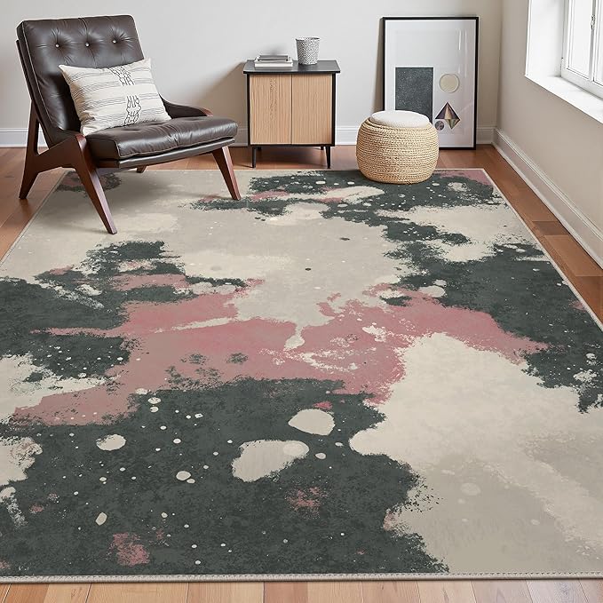 Area Rugs 8x10 for Living Room Bedroom, Modern Splash Abstract Machine Washable Rug, Large Soft Low Pile Floor Cover with Non Slip Backing for Dining Room, Pink/Charcoal