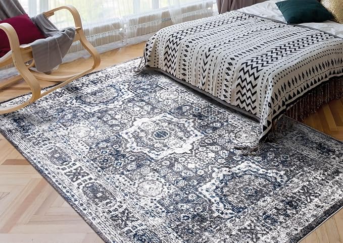 Keen Home Design Area Rugs - Non-Shedding, Thick Pile Abstract Rugs for Kitchen, Living Room, Bedroom, Dining Room, Entryway (Medallion Grey/Blue/Cream, 5'3'' x 7'7'')