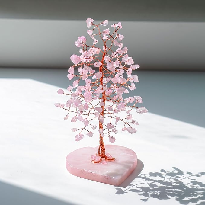 Crocon Crystal Heart Base Tree of Life Gifts for Women, Rose Quartz Healing Crystals Tree Brings Positive Energy, Good Luck, Money, Feng Shui Home & Office Desk Decor, for Mom & Wife Present