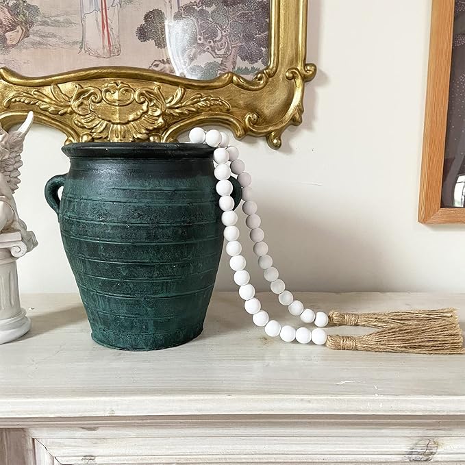 OMISHE 59in Wood Bead Garland with Tassels, Decorative Beads, Farmhouse Wooden Beads Garland for Wall Hanging Home Festival Decor, White