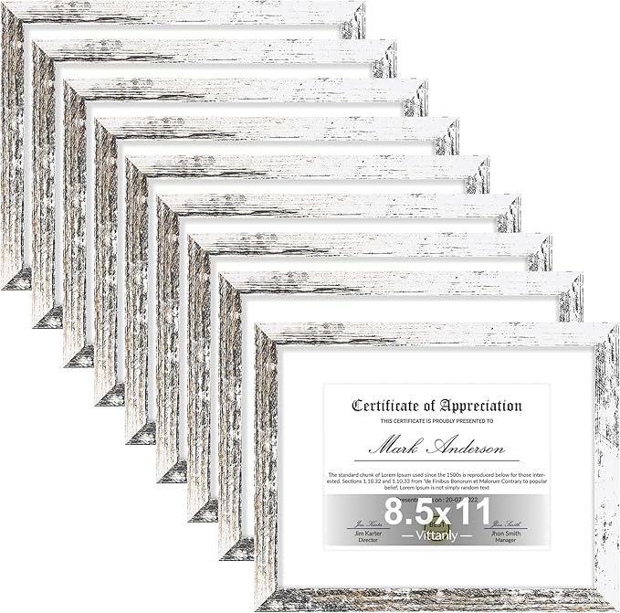 Vittanly 8.5x11 Picture Frames Set of 9, Shatter Resistant Plexiglass, Display 6x8 Pictures with Mat or 8.5x11 without Mat, Photo Frames for Wall or Tabletop, Engineered Wood, Distressed White