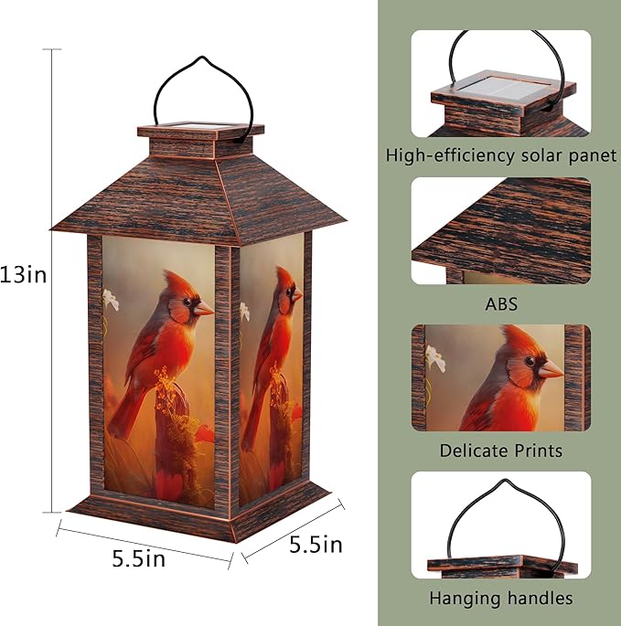 Solar Lanterns Outdoor, Waterproof Cardinal Garden Hanging Lanterns with LED Flickering Flameless Candles, Lantern Decor Birthday Gifts for Women Mom Grandma