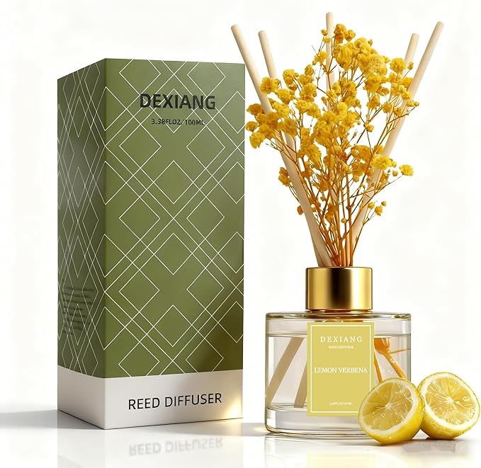 Reed Diffuser Set - 3.38 fl oz (100ml) Lemon Verbena Essential Oil with 6 Reed Sticks | Home & Bathroom Decor