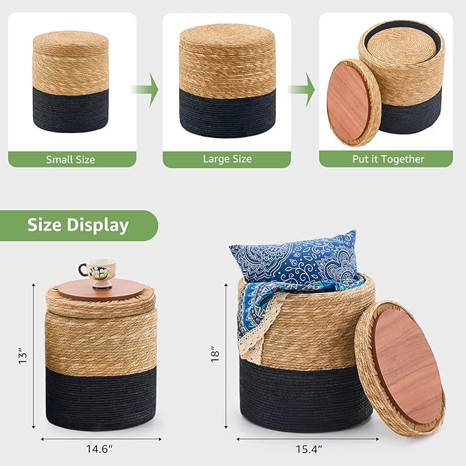 Wimarsbon Round Pouf Ottomans, Handwoven Natural Water Hyacinth Seagrass Pouffe,Outdoor Rattan Stool Accent Seat, Bohemian Coastal Home Decor (Cattail Nested Set-Black)