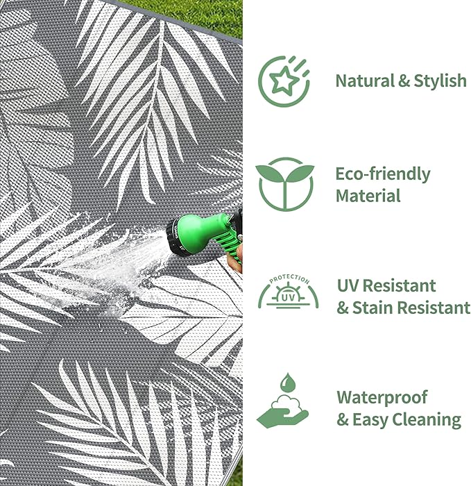 GENIMO Outdoor Rug 6' x 9' Waterproof for Patios Clearance, Reversible Plastic Straw Camping Carpet, Large Area Rugs Mats RV, Picnic, Backyard, Deck, Balcony, Porch, Beach, Grey&White