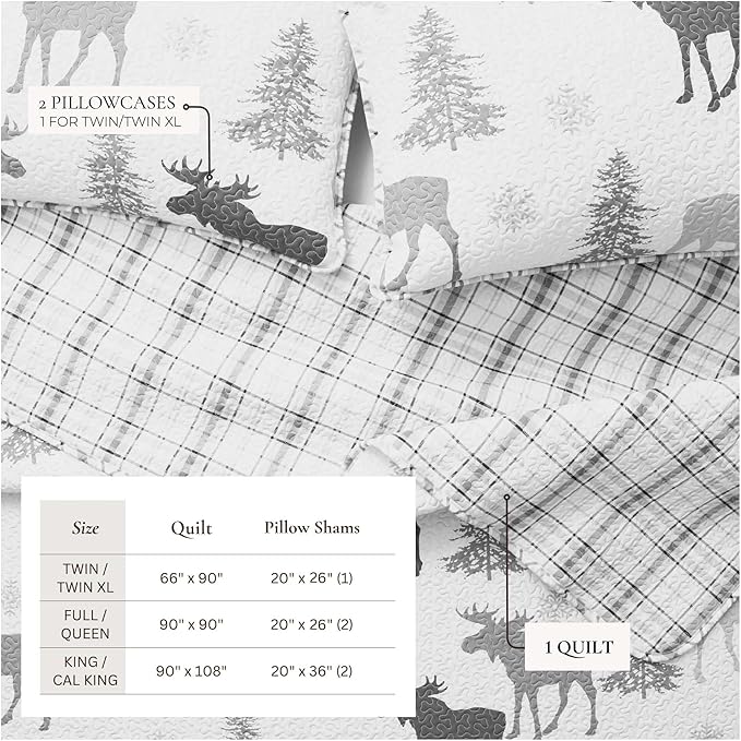Lodge Bedspread Full/Queen Size Quilt with 2 Shams. Cabin 3-Piece Reversible All Season Quilt Set. Rustic Quilt Coverlet Bed Set. Wilderness Collection (Moose - Grey)