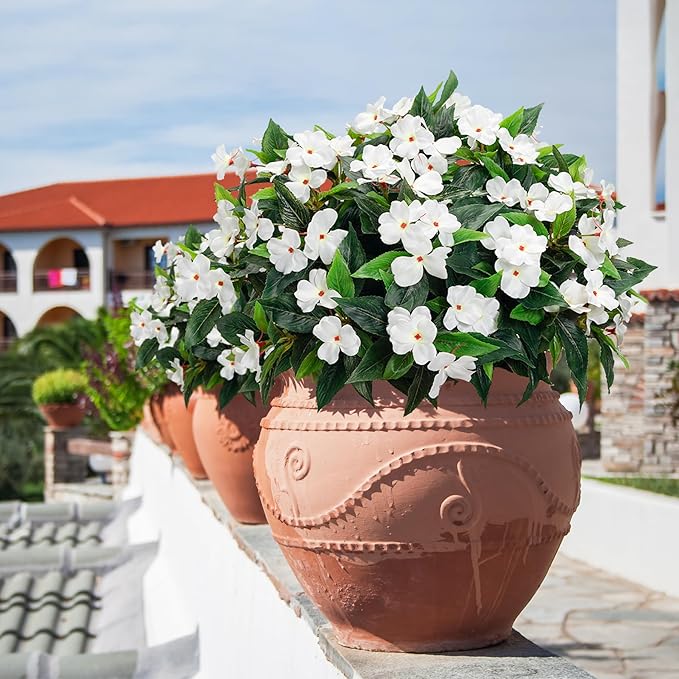 Uqueeten15.7” Fall Decorations for Home Fake Fall Flowers Fake Plants Artificial Impatiens Bouquet Flowers for Outdoors Silk Faux Flowers Impatiens Plants Decor Indoor Planters 8PCS (White) 8pcs